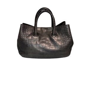Furla Black Croc Embossed Leather Tote Bag Large Shoulder Bag Made in Italy EUC